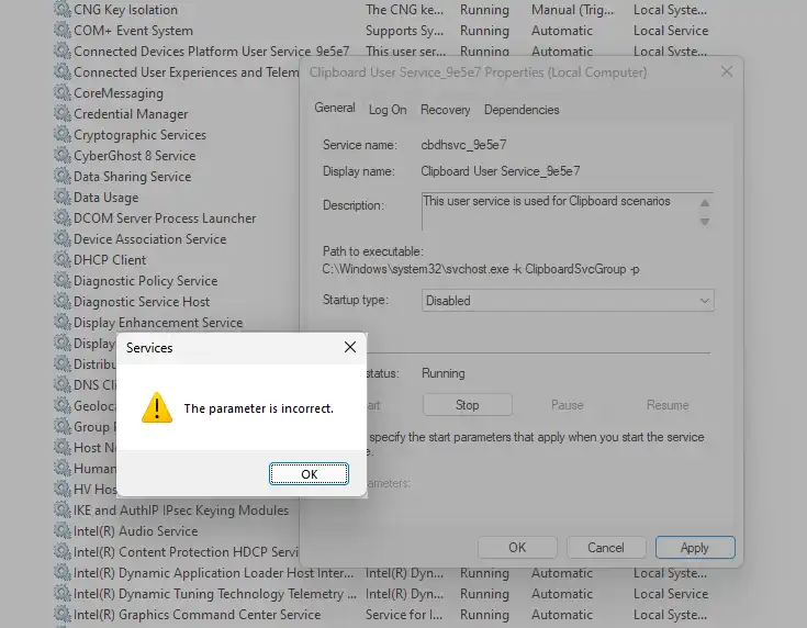 The parameter is incorrect Error on Windows Services